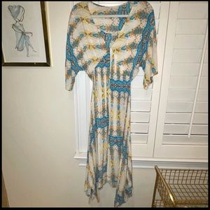 En Creme floral blue & yellow maxi dress with sleeves; v-neck; size S Small